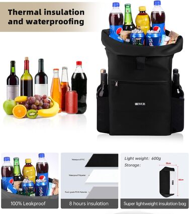 Термальний рюкзак 35 л, рюкзак-холодильник, водонепроникний рюкзак для пікніка з відкривачкою для пляшок, пікніків, кемпінгу, пляжу, походів, подорожей, шопінгу, чорний