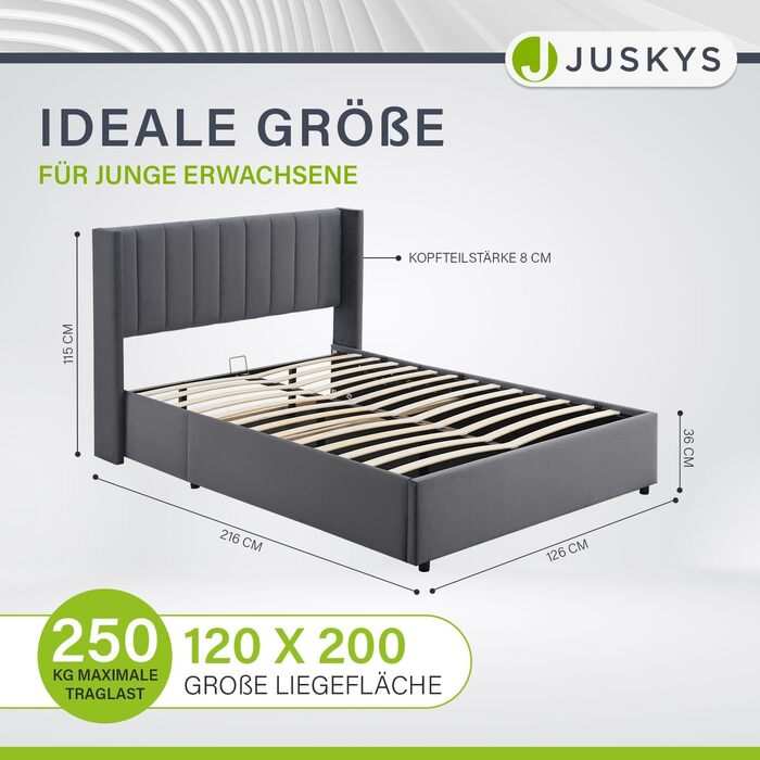 Ліжко Juskys Savona з м&39якою поверхнею 120x200 см, ліжко з місцем для зберігання, рейкова основа, оксамитовий чохол, дерев&39яний каркас ліжка, до 250 кг, велике узголів&39я, темно-сірий колір 120 x 200 см