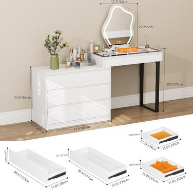 Туалетний столик з регульованим світлодіодним освітленням, туалетний столик з дзеркалом, туалетний столик з 5 шухлядами, кутовий туалетний столик, L-подібний трансформер, кутовий туалетний столик зі скляною стільницею, білий стиль А