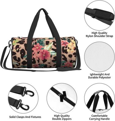Спортивна сумка, дорожня сумка, вінтажний стиль, леопардовий принт, квітковий малюнок, сумка для подорожей на вихідні, чорний колір, універсальний розмір