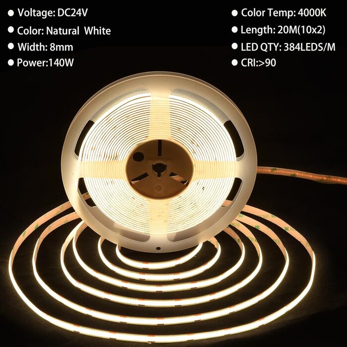 Світлодіодна стрічка BERIXDEEP COB тепла біла, світлодіодна стрічка 24 В з блоком живлення та пультом дистанційного керування, CRI 92, 8 мм, світлодіодна стрічка для спальні, вітальні, під стільницею, телевізор, кухня, своїми руками (4000k, 20M)