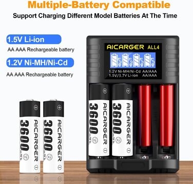 Зарядний пристрій для акумуляторів типу AA AAA, 4 слоти, швидка зарядка 5V/2A з РК-дисплеєм для літій-іонних акумуляторів типу AA AAA 1,5 V (штекер USB-C), в комплекті 4 акумуляторні батареї типу AA ємністю 3600 мВтгод із зарядним пристроєм AICARGER, 4 шт