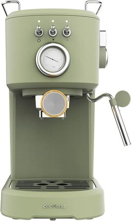 Кавоварка Compact Power Espresso 20 Retro Green 1100 Вт, 20 бар, система термоблоків, поворотний відпарювач, важіль фільтра з подвійним виходом і 2 фільтрами, 1,25 літра з манометром зеленого кольору