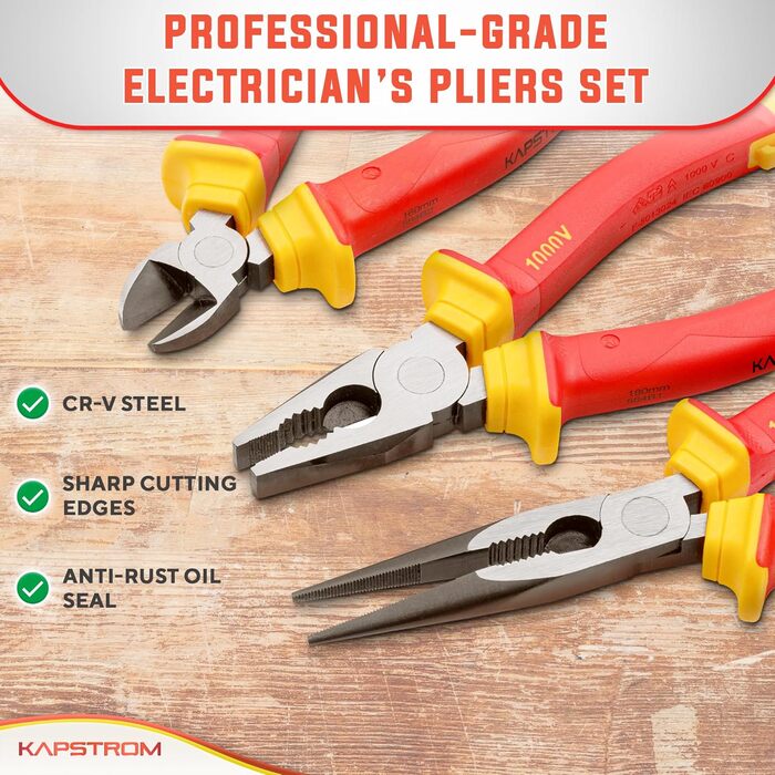 Набір електромонтажних пасатижів (3 шт.), професійні ізольовані, з сертифікацією VDE довгі, гострогубці та бічні кусачки