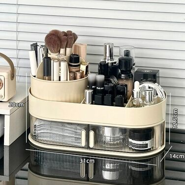 Органайзер для макіяжу з 1 шухлядою, обертовим органайзером для косметики та відділенням з тримачем для пензлів для макіяжу, що обертається на 360, для спальні та ванної кімнати, стандартні стільниці для туалетного столика