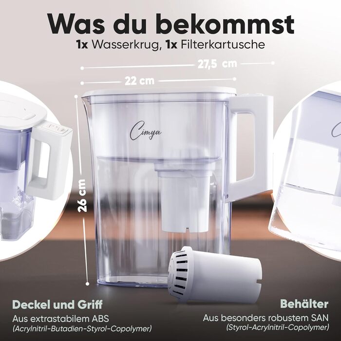 Фільтр для води питної води Фільтр 2,4 л 1 x 2-місячний картридж АКТИВОВАНЕ ВУГІЛЛЯ Пом&39якшує, фільтрує вапно, хлор, пестициди та бактерії, підвищує значення pH (білий)