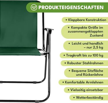 Складаний кемпінговий стілець, зелений, міцний кемпінговий стілець, до 100 кг, сталевий каркас, складний садовий стілець 73x46x51 см, складний стілець для саду, пляжу, риболовлі, балкону, аксесуари для кемпінгу