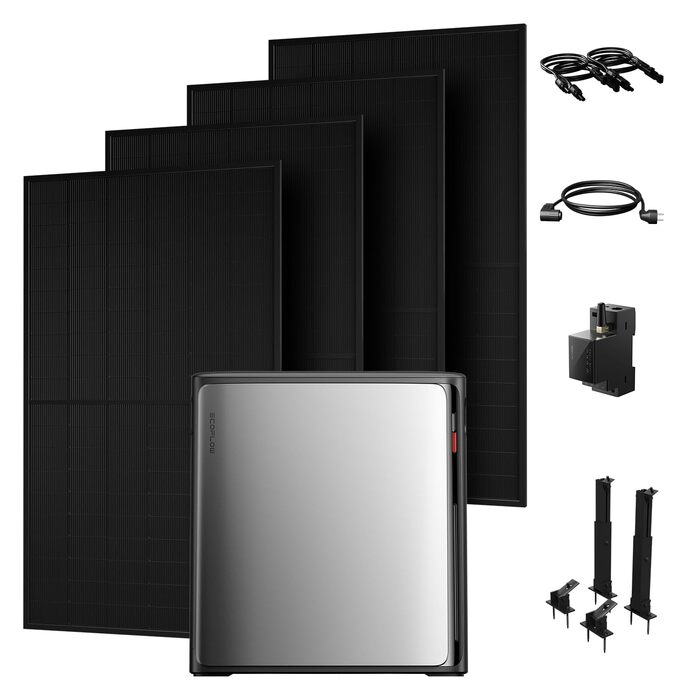 Універсальна балконна електростанція потужністю 2000 Вт з накопичувачем 3840 Втгод, ECOFLOW STREAM Ultra X з 4 датчиками MPPT та кронштейном для кріплення на плоский дах, розумним лічильником та повним комплектом аксесуарів, 4 сонячні модулі JASolar по 50