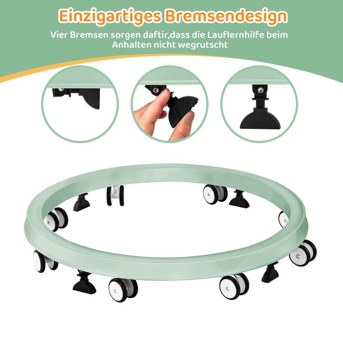 Дитячі ходунки, складані одним дотиком, кругле шасі з 8 коліс та захистом від перекидання, 7 швидкостей регулювання висоти, захист від зіткнень з гальмом для дітей від 6 до 18 місяців (зелені)