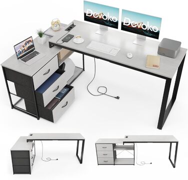 Стіл Devoko L-подібної форми з розетками та USB-портами, ігровий стіл 140 см з полицями, кутовий комп'ютерний стіл, домашній офіс,