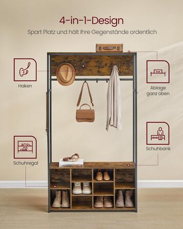 Вішалка для одягу, Шафа, Меблі для передпокою з полицею для взуття, Відкриті відділення, Гачки для одягу, Регульовані полиці, Індустріальний стиль, для передпокою, вхідної зони, Вінтажний коричневий-чорний HSR432K01 Вінтажний коричневий чорнильний