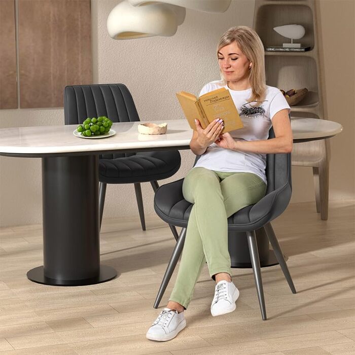 Сучасний м&39який обідній стілець - Надзвичайно товста подушка сидіння, обідні стільці зі штучної тканини, кухонні стільці, м&39які стільці, стільці для вітальні, крісла зі спинкою, металеві ніжки (Чорний, Комплект з 2 шт.) Комплект з 2 чорних