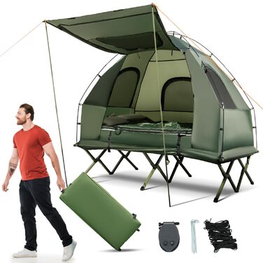Похідне ліжко з наметом для 2 осіб, водонепроникний кемпінговий намет 5 в 1 з сонцезахисним тентом, надувним матрацом, подушкою, спальником та сумкою для перенесення, шезлонг/кемпінгове ліжко для походів та пікніків