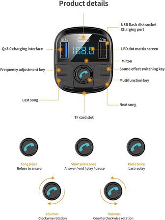 Автомобільний Bluetooth-передавач,ДокладнішеРадіоадаптер Chioce Bluetooth 5.0 QC3.0 Подвійний зарядний пристрій USB Прикурювач Бездротовий Bluetooth-передавач із підтримкою гучного зв'язку TF-карта