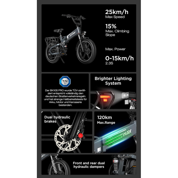 Електричний велосипед HITWAY E Bike BK10S PRO, 48V 720Wh 250W, запас ходу 70-120 км, 20&39 * 4.0 Fat Shies, керування за допомогою застосунку, 7 швидкостей, водонепроникний педальний велосипед IP54, 48V 15Ah, сірий