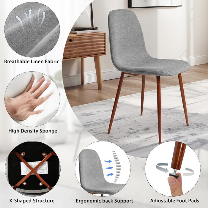 Набір із 4 обідніх стільців CangLong у ретро-стилі з м&39якою оббивкою для кухні та їдальні, сучасний тканинний обідній стілець з металевими ніжками, сірий