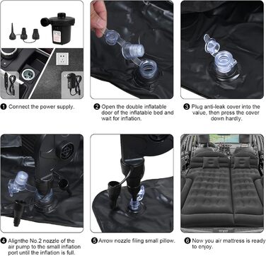 Надувний матрац Sanheshun SUV Автомобільне туристичне ліжко для кемпінгу, потовщений надувний матрац з двома повітряними подушками та автомобільним повітряним насосом, поверхня з флокингу та ПВХ, кемпінговий килимок (чорний) чорний 2 з автомобільним та до
