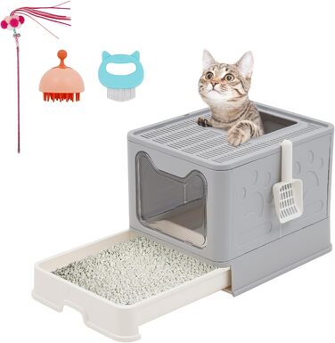 Котячий туалет Складаний котячий туалет з кришкою У комплекті совок, масажний гребінець, щітка та силіконова щітка для шампуню для домашніх тварин Іграшка для котів-дражнилок з пір&39я - велика місткість, легко чиститься (51 x 41 x 38 см)