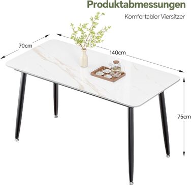 Обідній стіл ZL ZELing зі стільницею зі спеченого каменю під мармур та металевими ніжками, білий прямокутний кухонний та обідній стіл, 140 x 70 см, колір Нефритовий білий