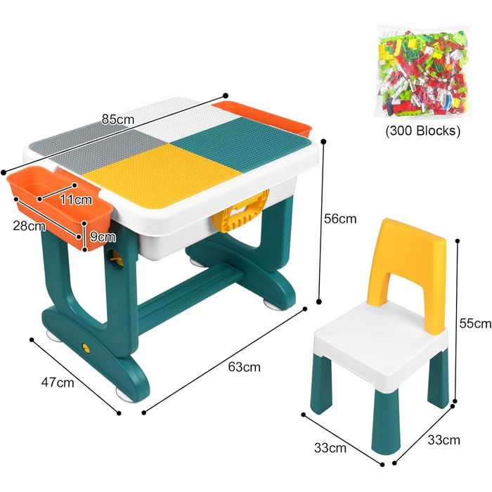 Дитячий настільний ігровий стіл AufuN 5-в-1 з регульованою висотою та стільцями, ігровий стіл, великий багатофункціональний набір будівельних блоків, пісочниця з місцем для зберігання, 2 стільці, подарунок для хлопчиків та дівчаток 63 x 47 x 56 см