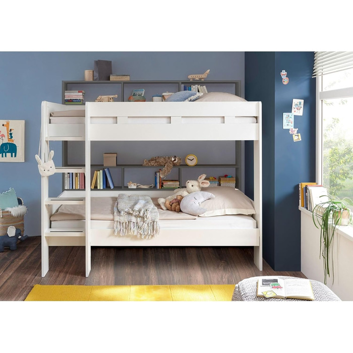 Сучасне ліжко-горище зі сходами та двома поверхнями для лежання 90 x 200 см - Компактне дитяче двоярусне ліжко білого/антрацитовог