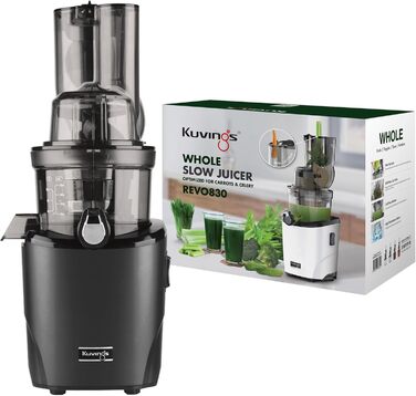 Соковижималка Kuvings REVO830 Slow Juicer - електрична соковижималка з потужним двигуном для цілих фруктів і овочів, потужність 240 Вт (чорний матовий)