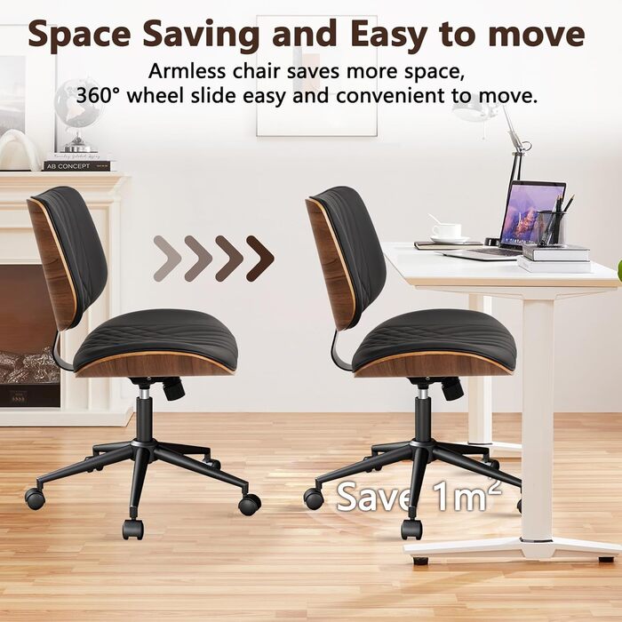 Офісне крісло CLATINA без підлокітників, стілець для столу з колесами, регульоване по висоті шкіряне поворотне комп&39ютерне крісло із середньою спинкою, сучасний стиль горіхового дерева для домашнього офісу, конференц-зал, чорний, комплект з