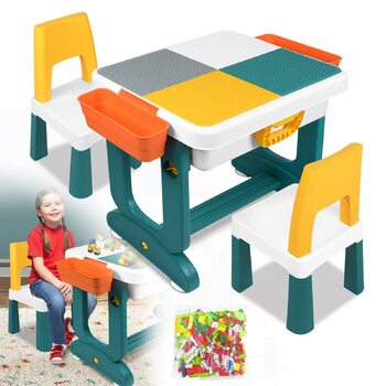 Дитячий стіл зі стільцями LARS360, комплект дитячих сидінь, багатофункціональний стіл з будівельних блоків, стіл для активності, двосторонній стіл для малюків, ігровий стіл для дитячого садка (оснащений 300 будівельними блоками), розміри 63 x 47 x 56 см