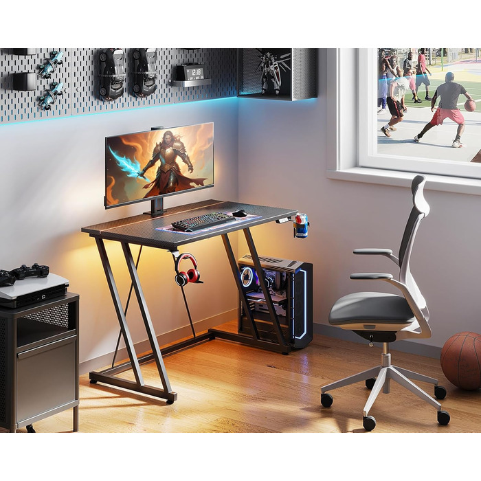 Ігровий стіл ODK 80 x 50 см зі світлодіодним підсвічуванням, ігровий стіл з підставкою для чашок та гачком для навушників, дизайн з подвійною Z-подібною рамою, невеликий комп&39ютерний стіл, чорний колір з вуглецевого волокна, 80 см, чорний колір з вуглец