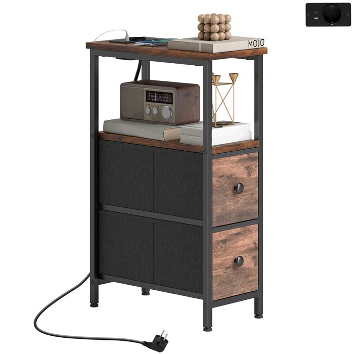 Журнальний столик HOMCOM, приставний столик із зарядною станцією, сталевий каркас, вузький столик для вітальні з 2 тканинними шухлядами, відкритим відділенням, розеткою, портами USB та USB-C, журнальний столик для вітальні, рустикальний коричневий