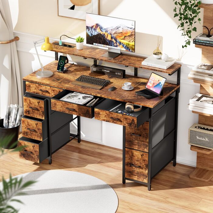 Письмовий стіл з 8 шухлядами, комп&39ютерний стіл з 2 розетками та 2 USB-портами для зарядки, офісний стіл зі світлодіодним освітленням та підставкою для монітора, ПК-стіл для офісу, вітальні, 120 x 50 x 74 см, коричневий