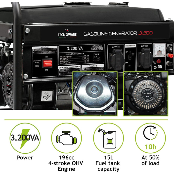Бензиновий генератор Tecnoware Power Systems 3200ВА однофазний, з AVR, низький рівень шуму, бак 15 л, електричний/ручний запуск, чорний