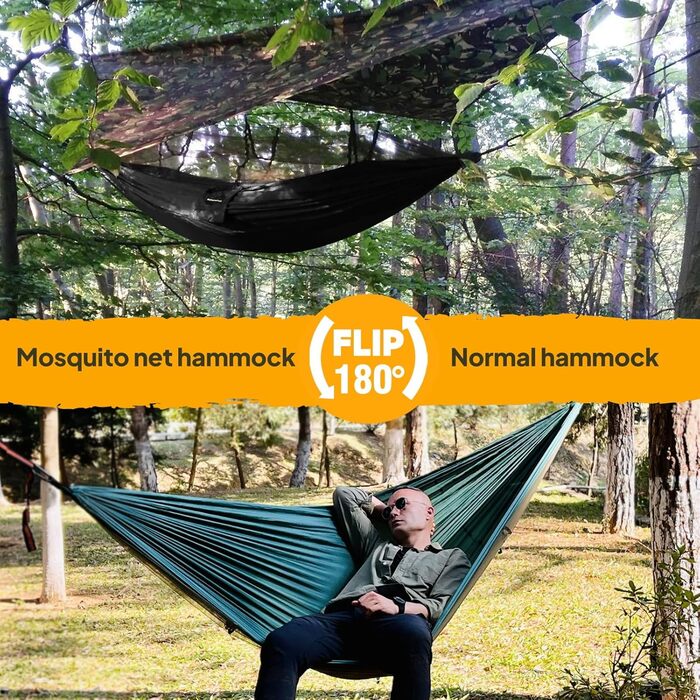 Ультралегкий гамак для кемпінгу з москітною сіткою NATUREFUN, вантажопідйомність 300 кг (275 x 140 см), дихаючий, швидковисихаючий парашутний нейлон, включає 2 карабіни преміум-класу, 4 нейлонові петлі, 275 x 140 см, темно-зелений
