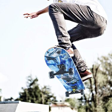 Повний скейтборд Blau-Shark 78.7 x 20.3 см - 8-шарова дека з клена, ABEC-11 підшипники, блискучі PU колеса, для дітей, підлітків та дорослих, блакитний акула дизайн