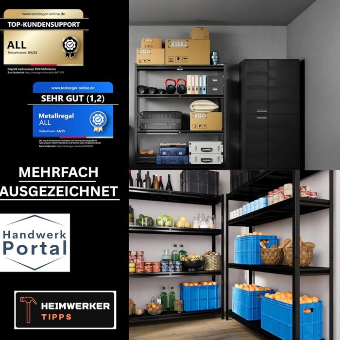 Металевий стелаж преміум-класу, чорний, з міцними металевими полицями, 180x150x40 см - вантажопідйомність 1000 кг, 100 холоднокатана сталь - стелаж глибиною 40 см, металевий стелаж для зберігання, 180x150x40 см, чорний