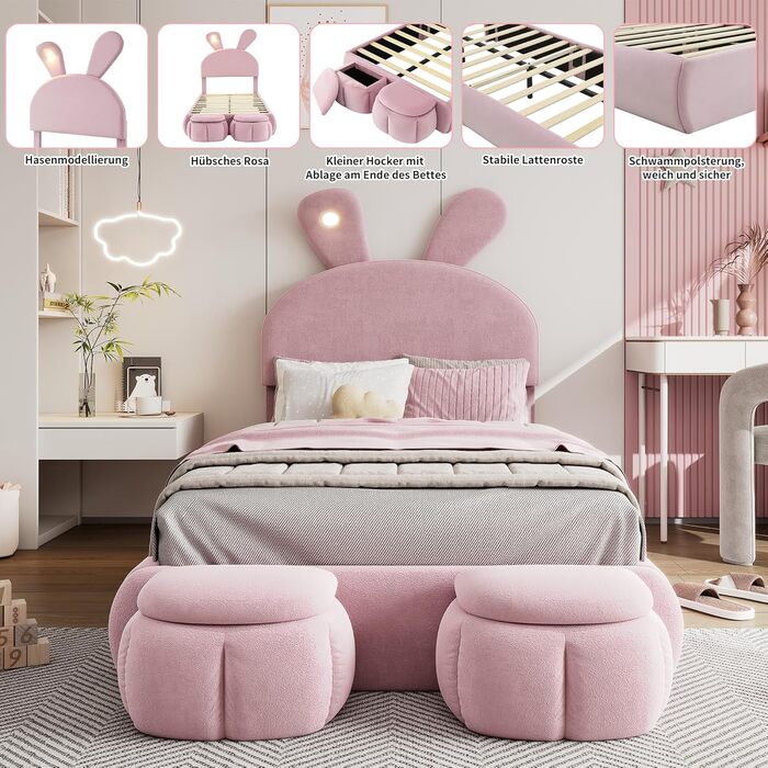 М&39яке ліжко 90x200 см, дитяче ліжко з 2 табуретами для зберігання речей та світлодіодним приліжковим освітленням, розкладні вушка зайчика, каркас ліжка зі світлодіодним освітленням для дівчаток, дитяче ліжко з рейковою основою, оксамит, рожевий, без мат
