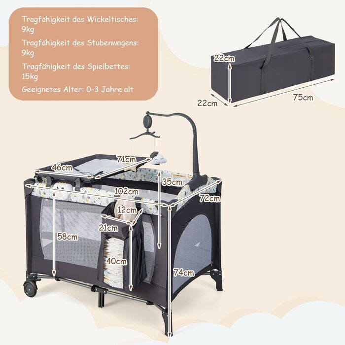 Дитяче ліжечко DREAMADE 4-в-1, складне та портативне дитяче ліжечко з колесами, матрац, пеленальний килимок та музичний мобіль, 102 x 72 см, приліжкове ліжечко для малюків 0-36 місяців (бежевий)