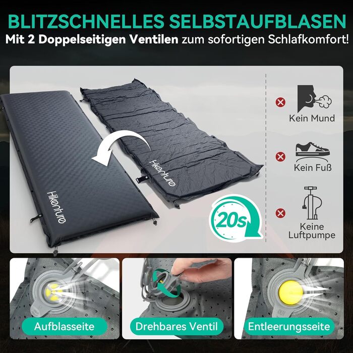 Самонадувальний килимок для сну HIKENTURE, 10 см товщиною пінопластовий кемпінговий матрац, ультратовстий самонадувальний повітряний матрац, зручний килимок для сну для використання на свіжому повітрі, намет, походи, подорожі, темно-сірий