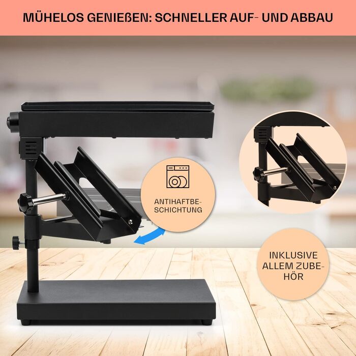 Гриль для сирного раклету Klarstein з нержавіючої сталі, поворотний і регульований гриль-розплавлювач раклету для сиру в одному шматку, надійний пристрій для гриля швейцарського раклету, малий сироплавильник потужністю 1000 Вт сіро-чорний - 1000 Вт