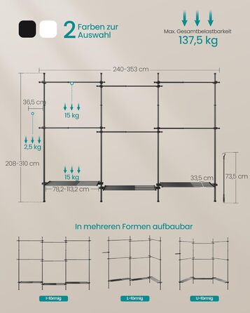 Телескопічна вішалка для одягу SONGMICS, 3-рівнева шафа, регульована по висоті та ширині, відкрита шафа з 6 шт. ангами для одягу та 3 знімними полицями, поручень, матово-чорний HSR155B01 3 ряди (240 Вт-353 Вт) см матово-чорний