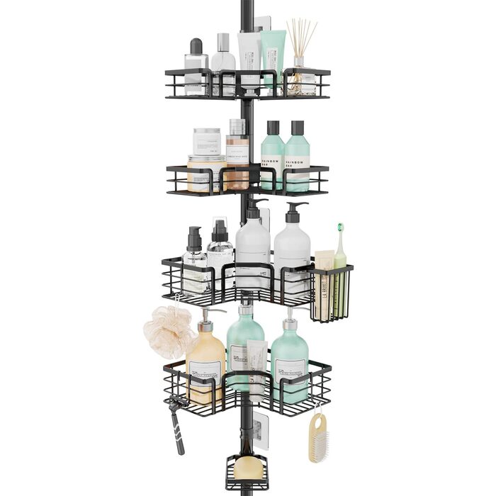 Кутова полиця для душу телескопічна SWTYMIKI - 4-ярусна, з мильницею, тримачем для зубних щіток та 4 гачками, регульована, з нержавіючої сталі, монтаж без свердління, 70-275 см, чорна
