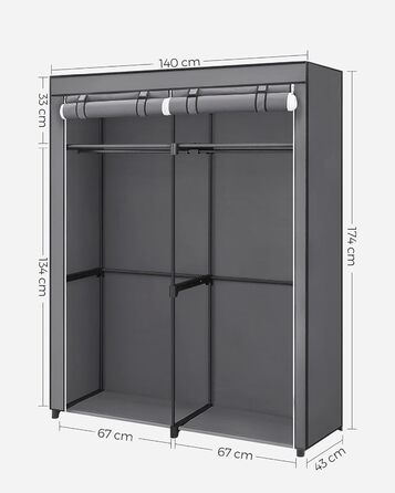 Портативна шафа для зберігання SONGMICS з підвісною штангою, складна, гардероб, спальня, кабінет, 140 x 43 x 174 см, сірий RYG02GY