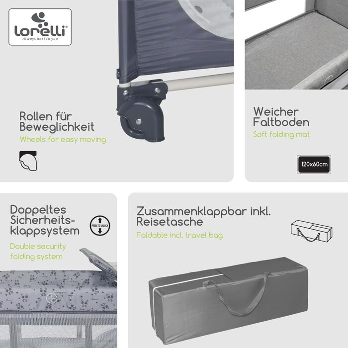Дитяче ліжечко та манеж Lorelli 3-в-1, Moonlight 2 рівні, бічний вхід, ліжечко з народження, дитяче ліжечко для подорожей, пеленальний килимок, колеса, сумка, сірий/світло-сірий