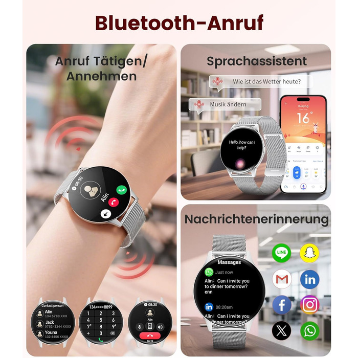 Жіночий смарт-годинник LIGE (2 ремінці), 1,43-дюймовий HD AMOLED-дисплей, смарт-годинник з функцією телефону, фітнес-годинник, спортивний годинник з понад 120 спортивними режимами, відстеження сну, відстеження менструального циклу, годинник для iOS/Androi