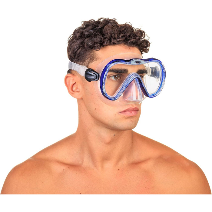 Силіконовий набір для дайвінгу та снорклінгу з маскою та трубкою з системою сухого верху та продувним клапаном, прозорий/синій