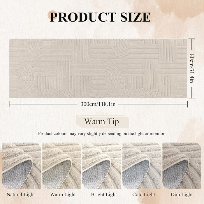 Довга доріжка для коридору, 80x300 см, яку можна прати, нековзка килимова доріжка, килимок для коридору, килимок для кухні, доріжка для входу, спальні, вітальні, коридору, бежевий, 80 x 300 см