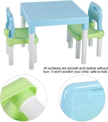 Комплект столу та стільців SIXRUN, пластик ПП, зручний дизайн, багатофункціональний для навчання мистецтву та гри (синьо-зелений)