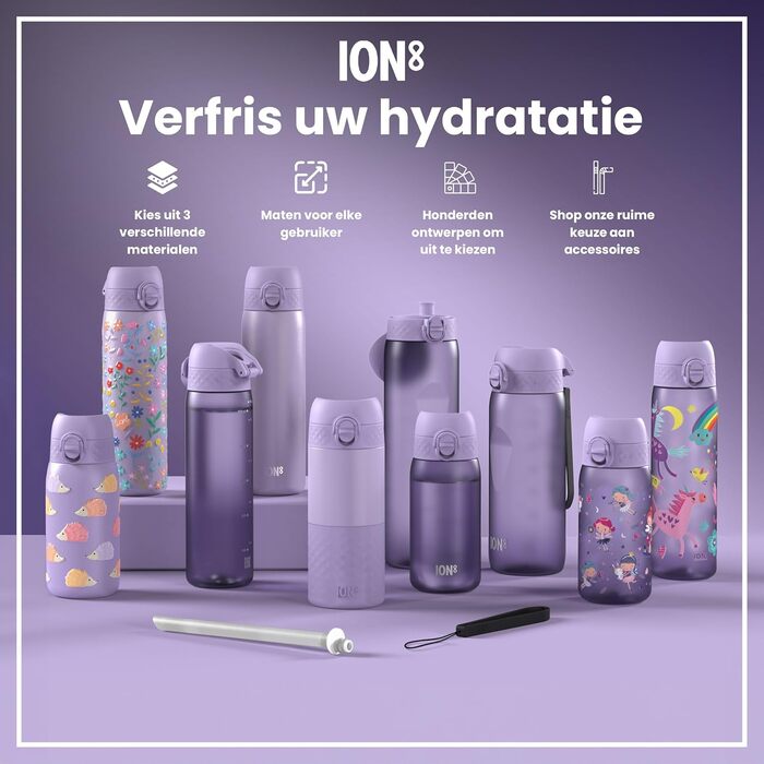 Пляшка для води ion8, 500 мл, герметична, відкривається однією рукою, надійний замок, можна мити в посудомийній машині, без BPA, ручка для перенесення, відкидна кришка, легко миється, кліматично нейтральна, світло-фіолетовий метелик, ізольована сталь