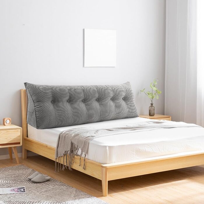 Подушка для спини OHMG 180 см, подушка для читання для ліжка та дивана, практична бічна кишеня, знімний чохол, клиноподібна подушка, настінна спинка, подушка сидіння, настінна подушка, подушка для спинки ліжка сірого кольору 180*50*20 см