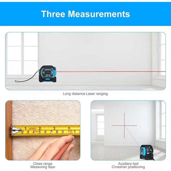 Лазерна рулетка 3-в-1 з великим РК-дисплеєм Цифровий лазерний вимірювальний прилад у футах/футах/м зі шкалою до 131 фута/40 метрів з розрахунками Рулетка 16 футів/5 метрів (у футах/футах/м) та лазерна поперечна лінія (синя)